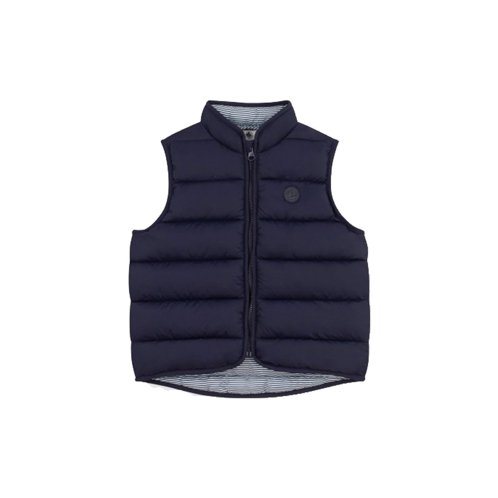 Μπλε αμάνικο μπουφάν με ριγέ επένδυση 